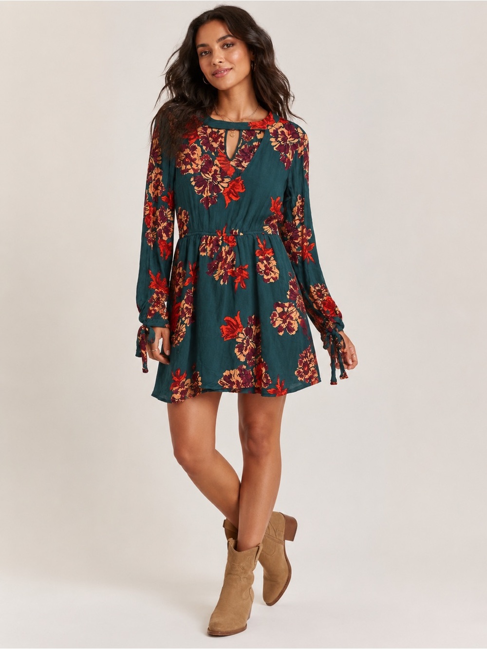 Sky and Sparrow‎ Teal Floral Mini Dress with Teal Long Sleeve Boho Keyhole Lined